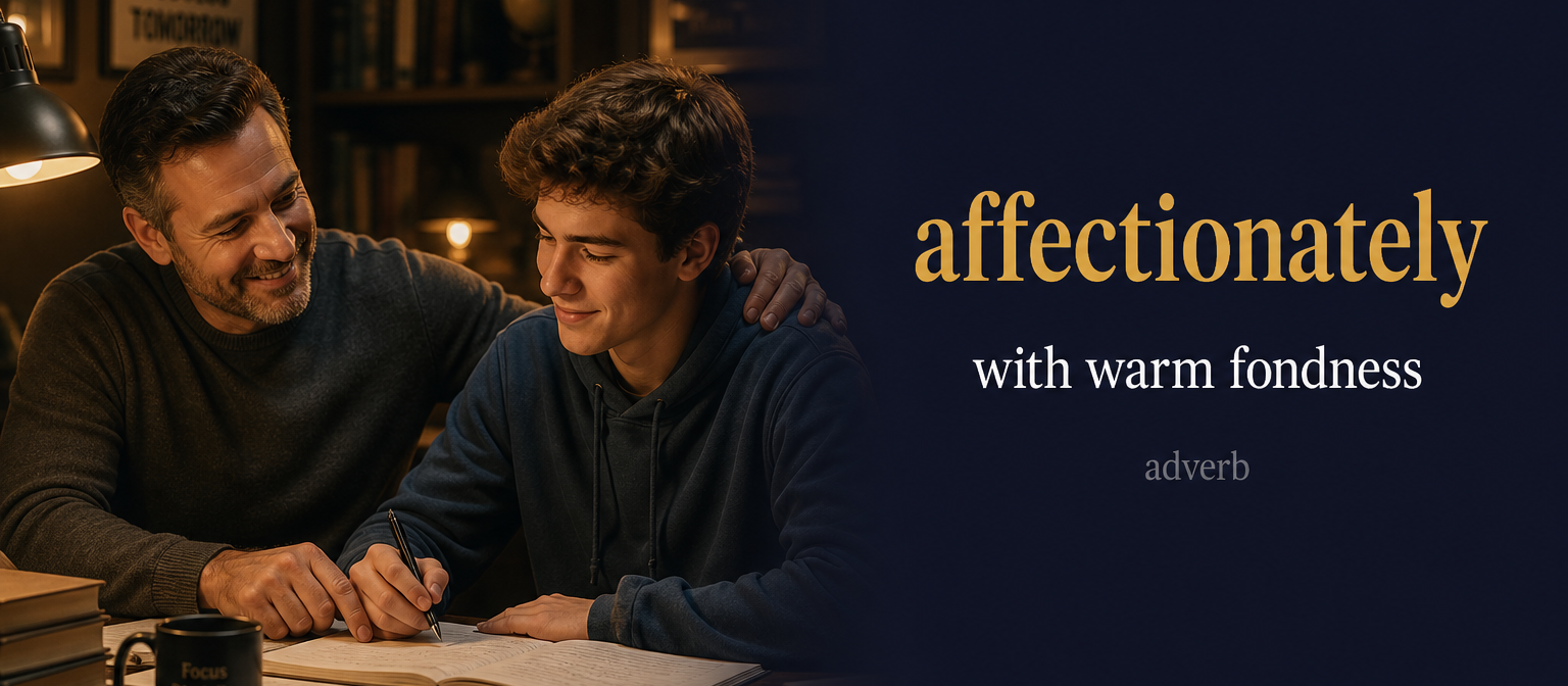 Affectionately (بحنان أو بودّ) — illustrated meaning of the English word Affectionately on GL Dictionary