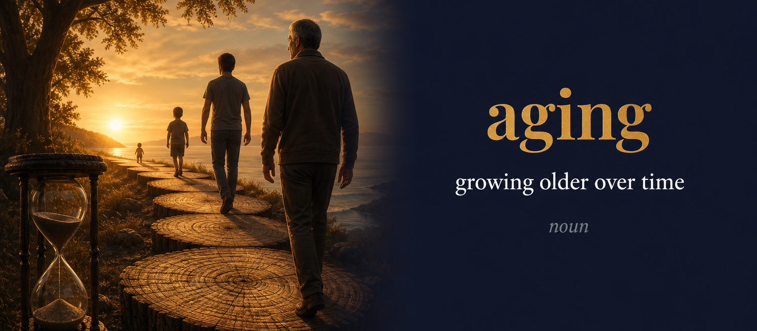 Aging (الشيخوخة أو التقدم في العمر) — illustrated meaning of the English word Aging on GL Dictionary