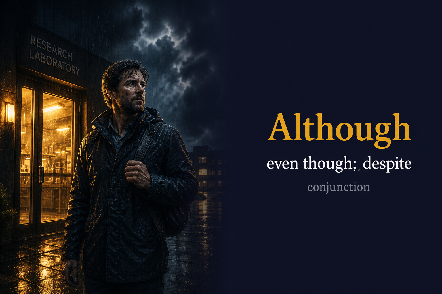 Although (رغم أن أو بالرغم من) — illustrated meaning of the English word Although on GL Dictionary