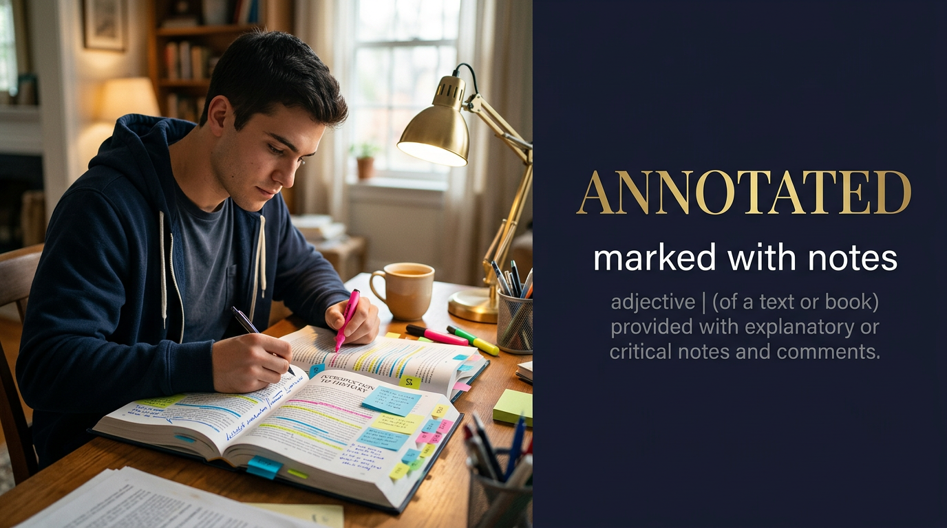 Annotated (مُذيل بالحواشي) — illustrated meaning of the English word Annotated on GL Dictionary