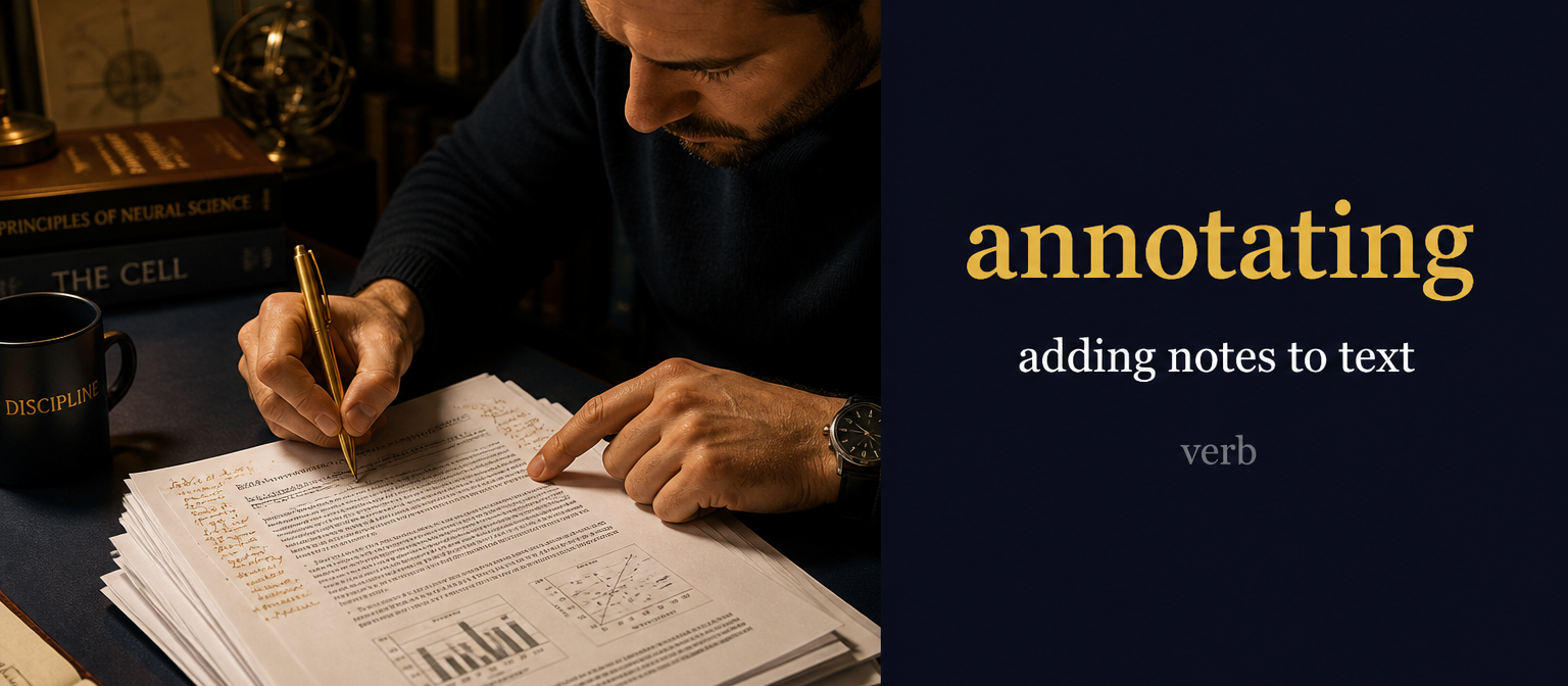 Annotating (يُضيف ملاحظات حالياً) — illustrated meaning of the English word Annotating on GL Dictionary