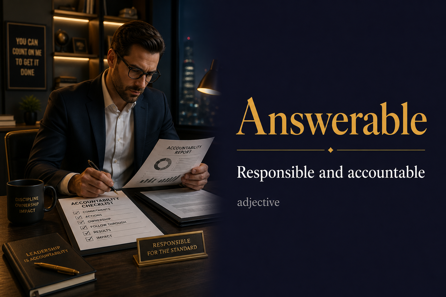 Answerable (قابل للإجابة أو مسؤول) — illustrated meaning of the English word Answerable on GL Dictionary