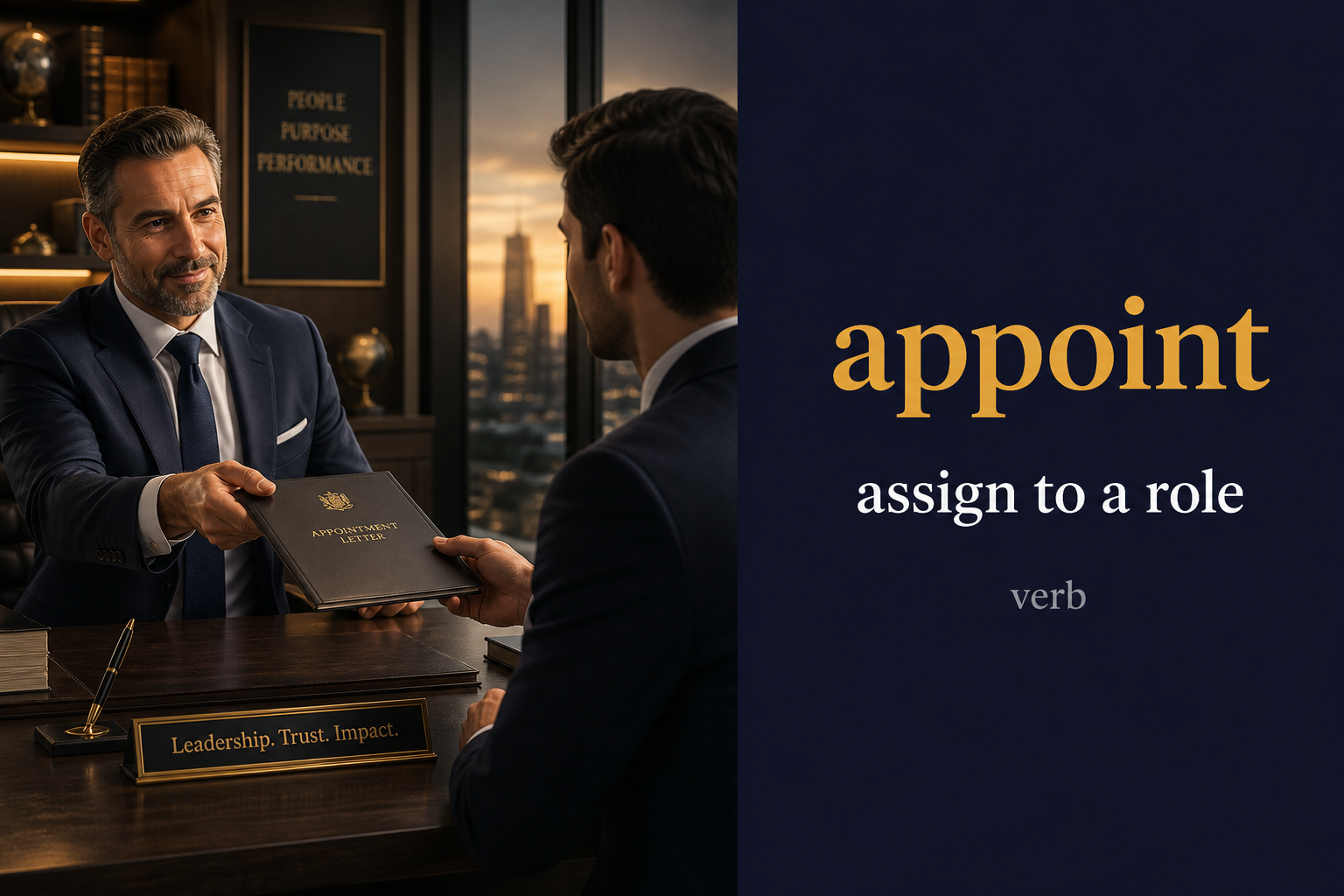 Appoint (يعيّن أو يحدّد) — illustrated meaning of the English word Appoint on GL Dictionary