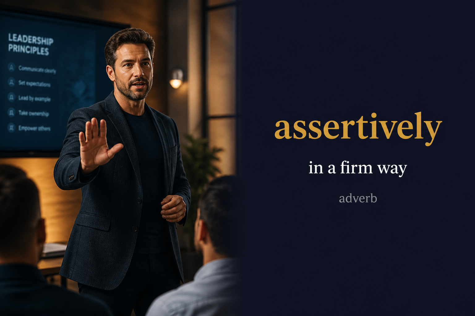Assertively (بحزم / بثقة) — illustrated meaning of the English word Assertively on GL Dictionary