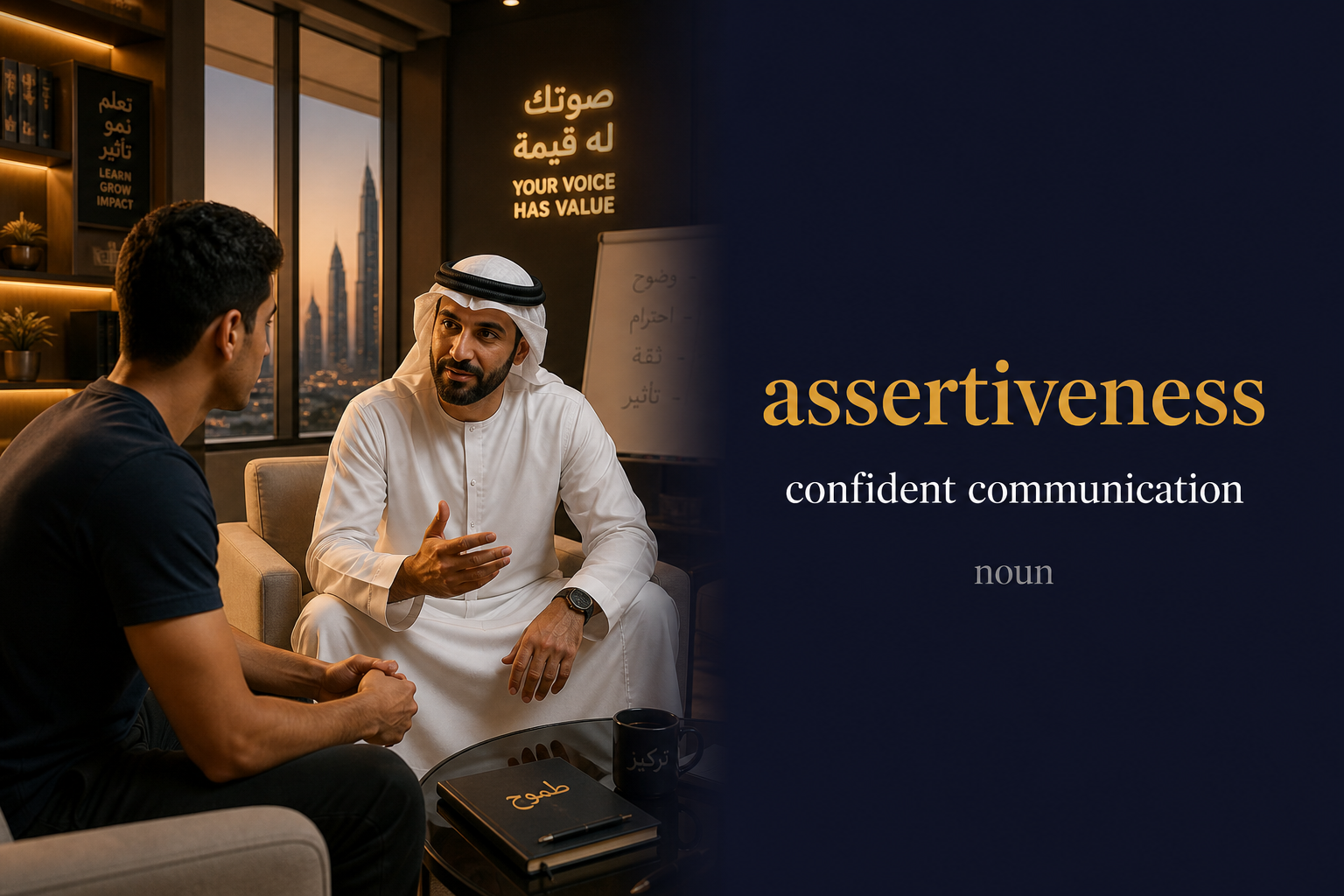 Assertiveness (الحزم / الثقة في التعبير) — illustrated meaning of the English word Assertiveness on GL Dictionary