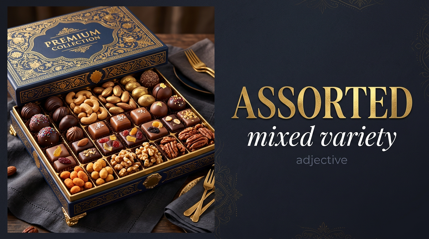 Assorted (متنوع أو مختلط) — illustrated meaning of the English word Assorted on GL Dictionary