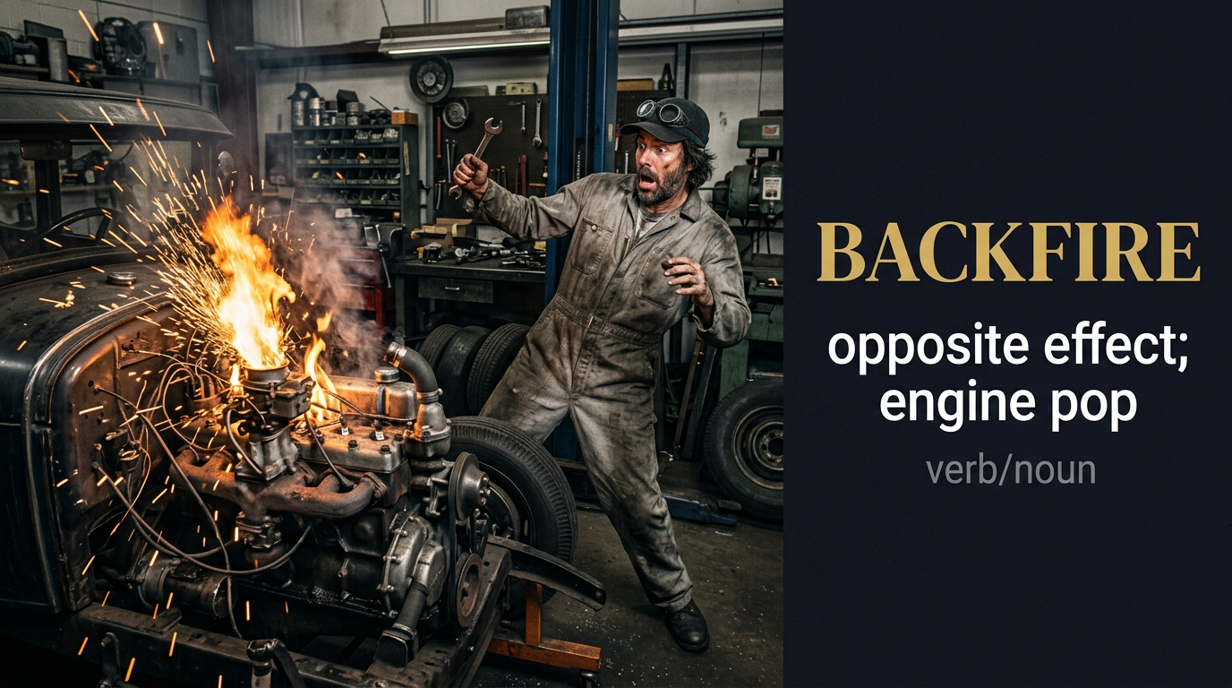 Backfire (نتيجة عكسية غير مقصودة) — illustrated meaning of the English word Backfire on GL Dictionary