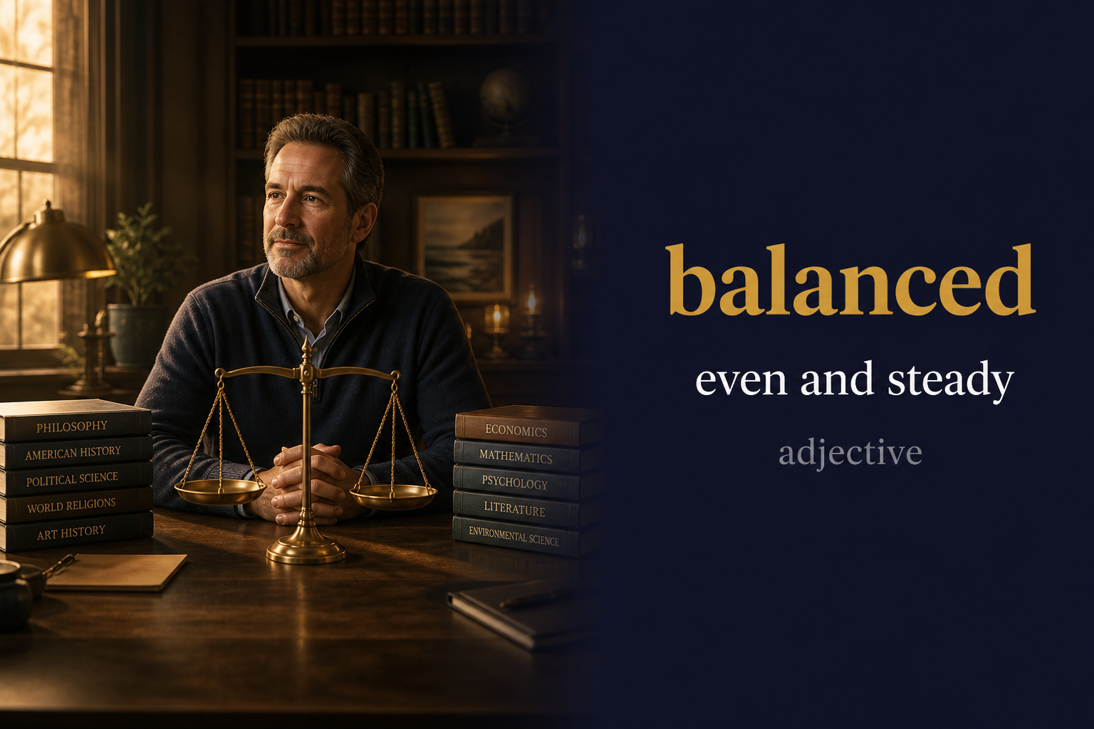 Balanced (متوازن / معتدل) — illustrated meaning of the English word Balanced on GL Dictionary