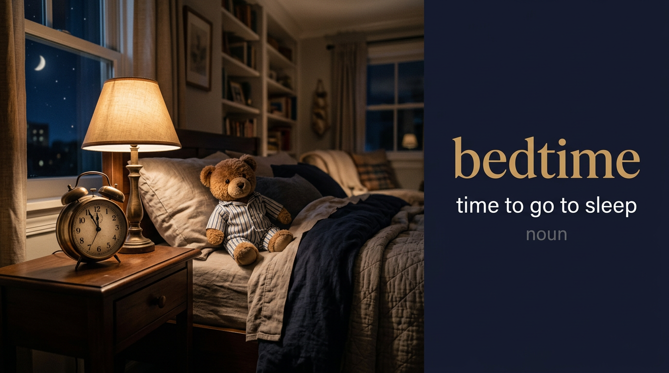 Bedtime (وقت مقرر للنوم) — illustrated meaning of the English word Bedtime on GL Dictionary