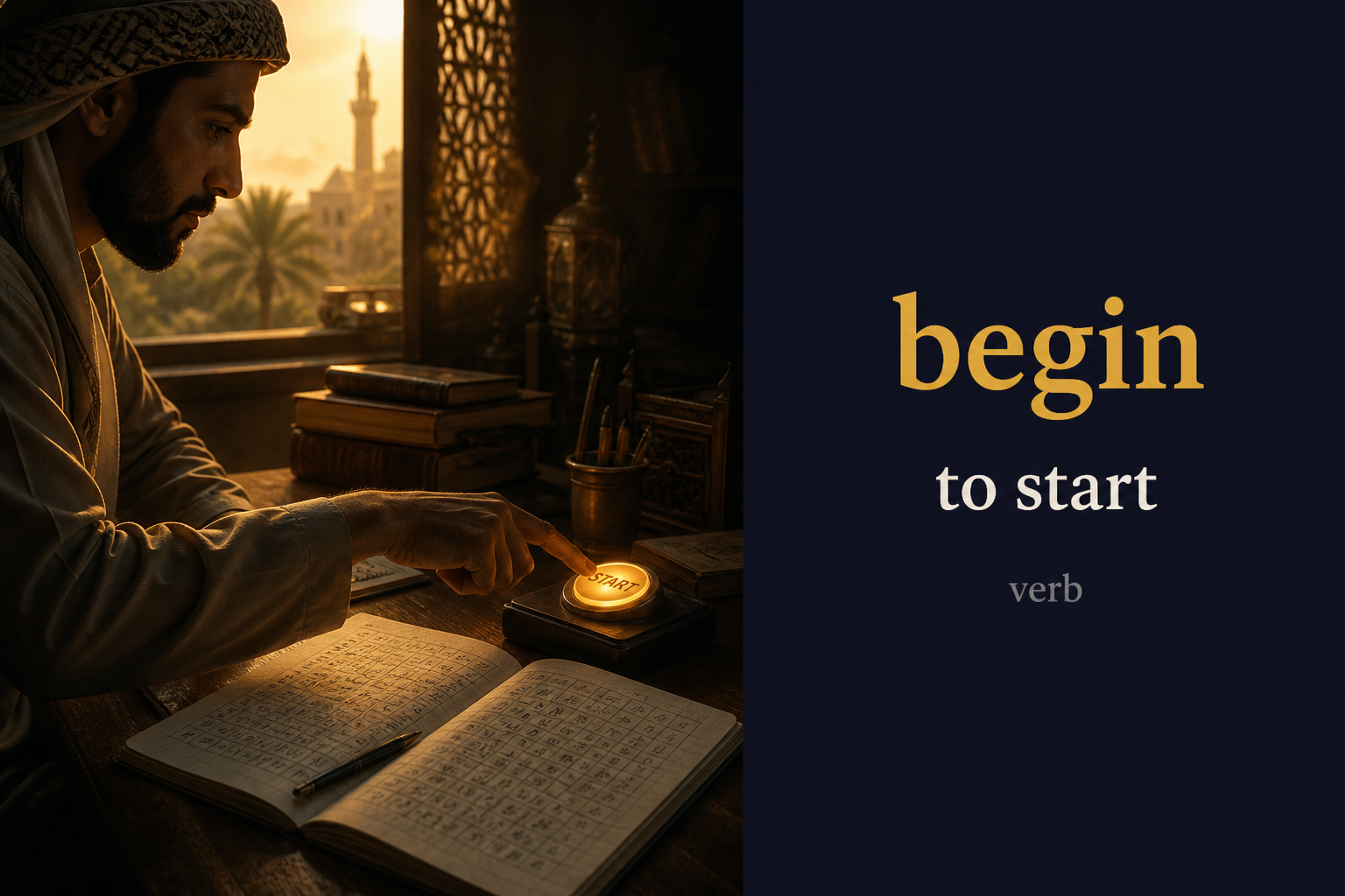 Begin (يبدأ / يشرع) — illustrated meaning of the English word Begin on GL Dictionary