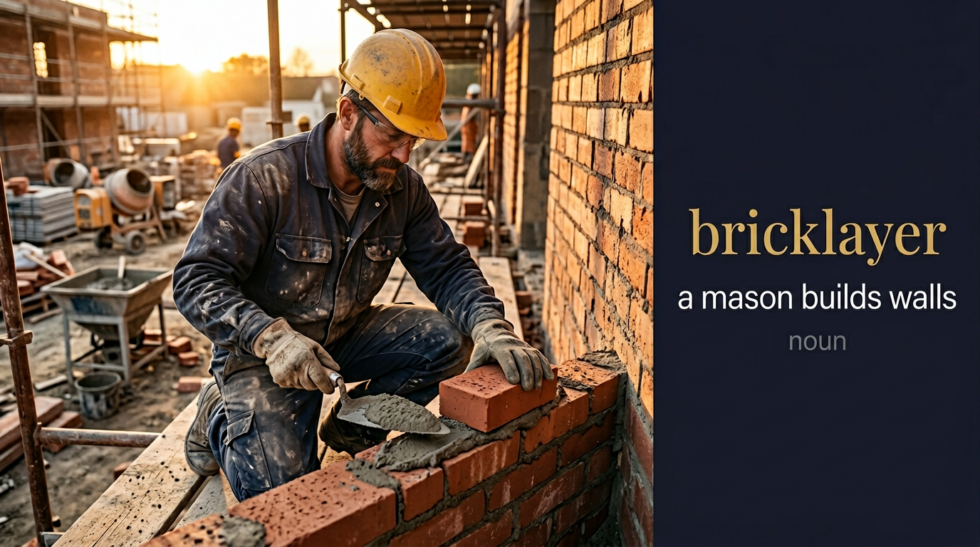 صورة توضيحية لمعنى كلمة Bricklayer (عامل يبني جدراناً من الطوب بدقة محاذاة وملاط)