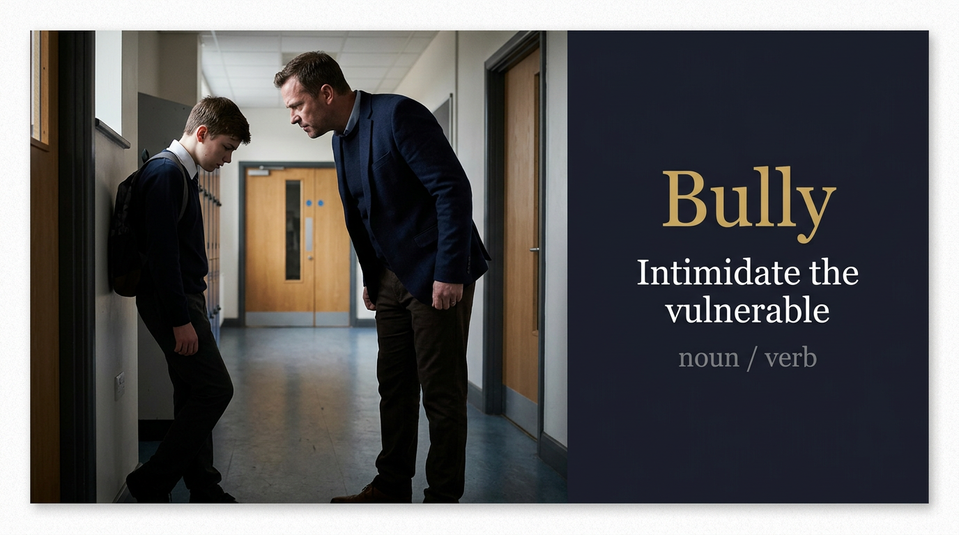 Bully (شخص يسيء لغيره تكراراً باستغلال قوة أو نفوذ) — illustrated meaning of the English word Bully on GL Dictionary