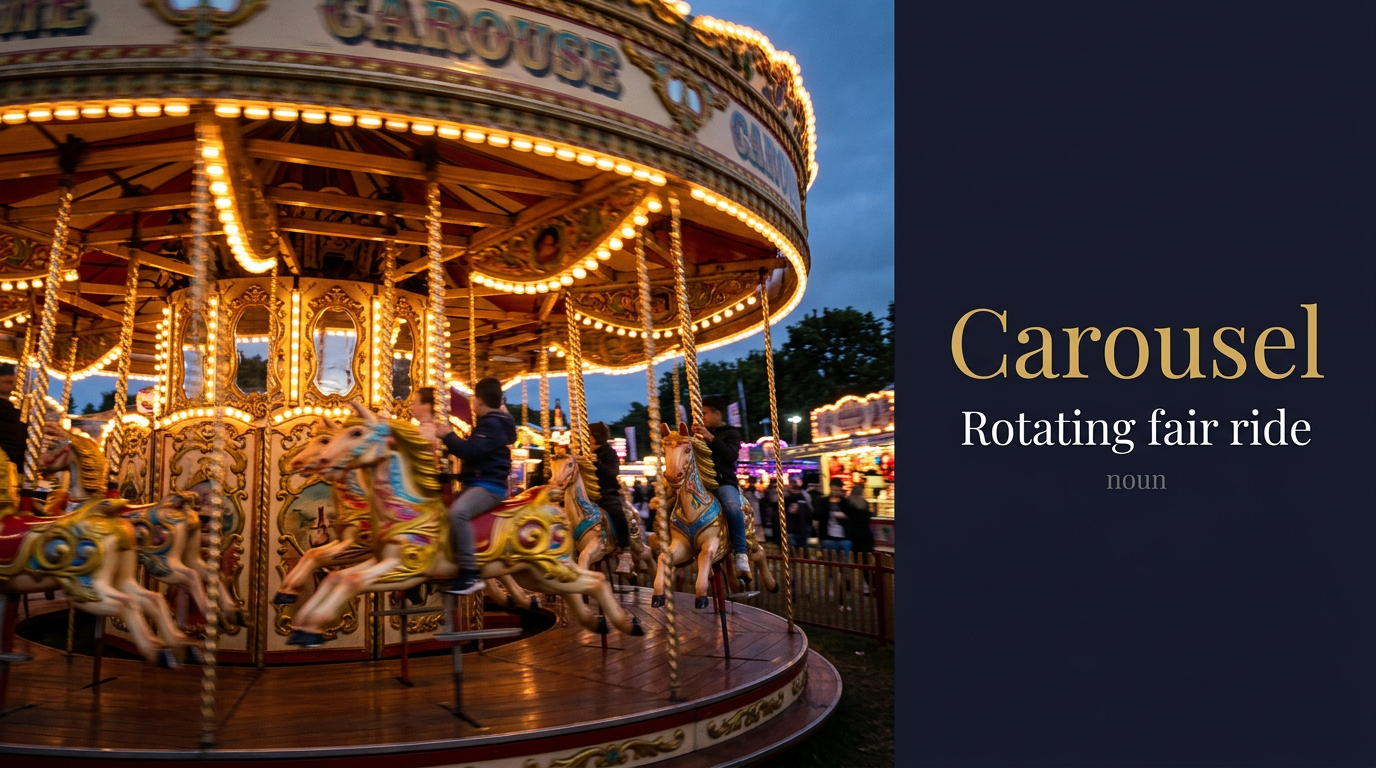 صورة توضيحية لمعنى كلمة Carousel (منصة دائرية دوارة للعرض أو لعبة خيول تدور)