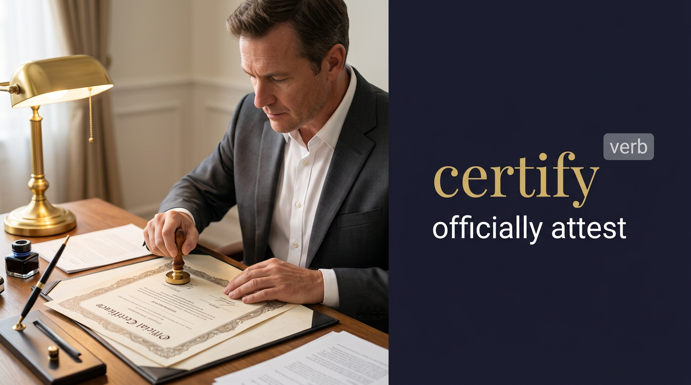 صورة توضيحية لمعنى كلمة Certify (يؤكد رسمياً أن شيئاً ما يلبي المعايير المطلوبة ويمنح شهادة)