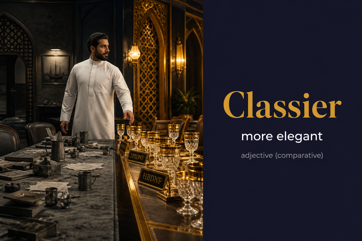 Classier (أكثر أناقة) — illustrated meaning of the English word Classier on GL Dictionary