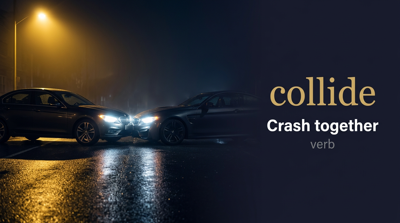 صورة توضيحية لمعنى كلمة Collide (يصطدم بقوة مع شيء آخر، لقاء مفاجئ وعنيف بين جسمين أو فكرتين)
