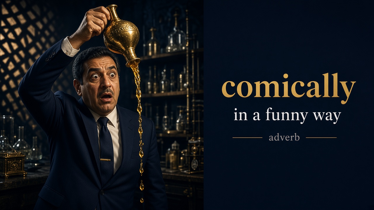 Comically (هزلياً) — illustrated meaning of the English word Comically on GL Dictionary