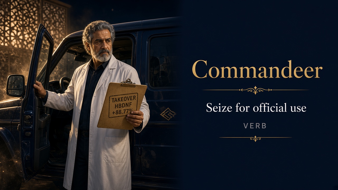 Commandeer (يستولي على) — illustrated meaning of the English word Commandeer on GL Dictionary