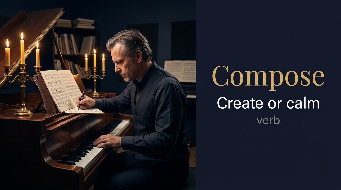 Compose (يؤلف أو ينشئ شيئًا من عناصر متعددة) — illustrated meaning of the English word Compose on GL Dictionary
