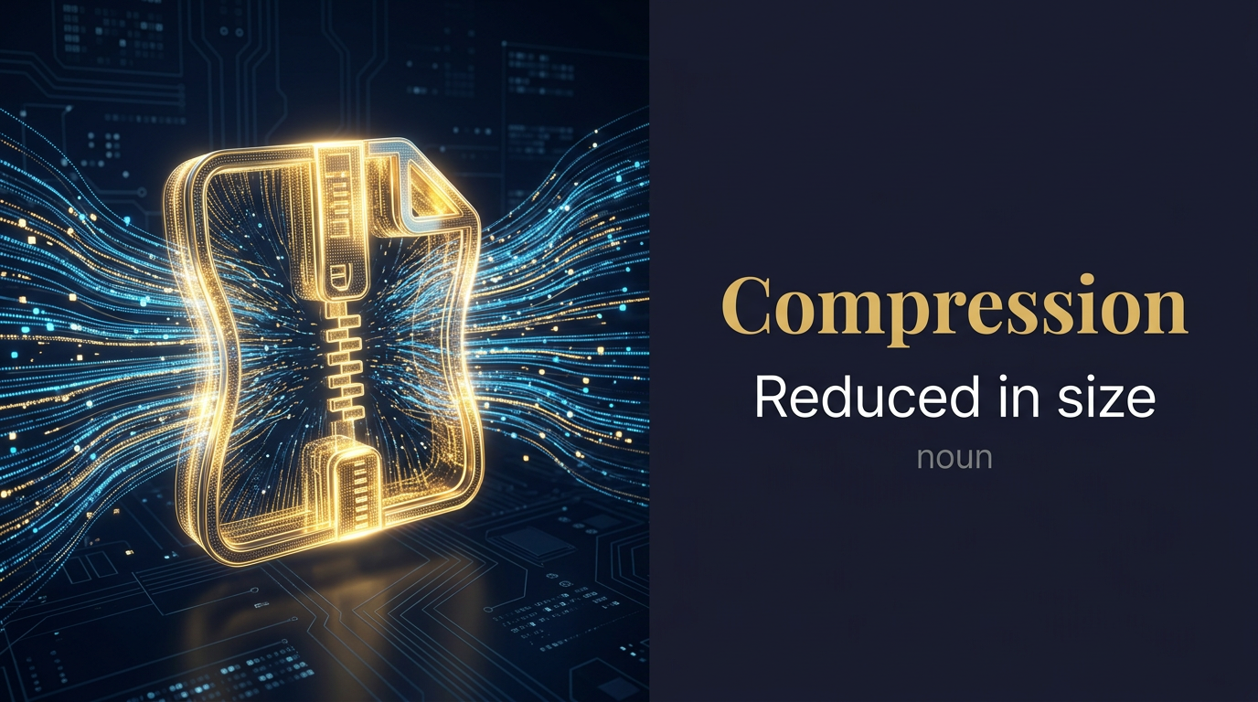 Compression (عملية تقليل حجم أو ضغط بيانات أو مادة) — illustrated meaning of the English word Compression on GL Dictionary