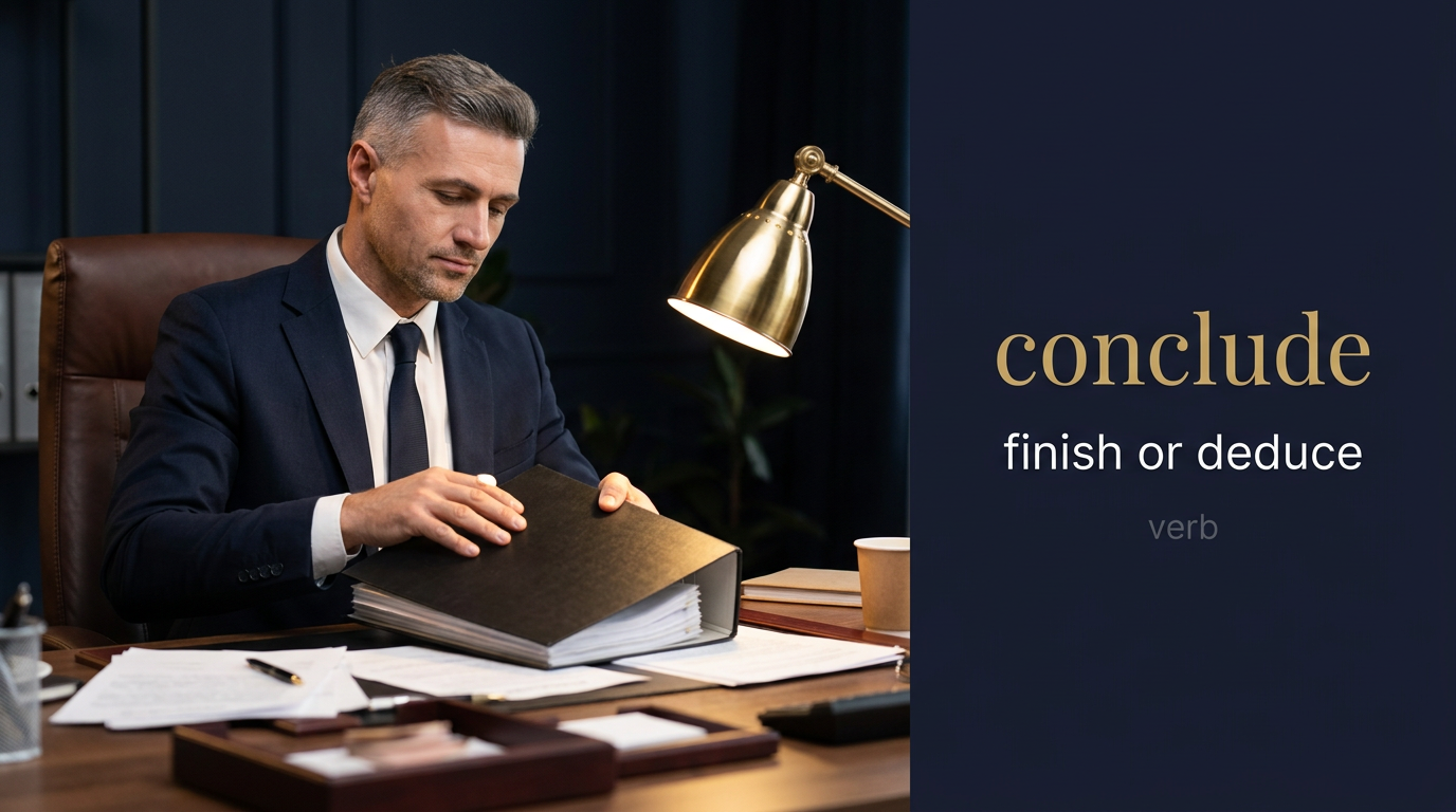 Conclude (ينهي أو يختتم شيئًا ويصل إلى نتيجة نهائية) — illustrated meaning of the English word Conclude on GL Dictionary