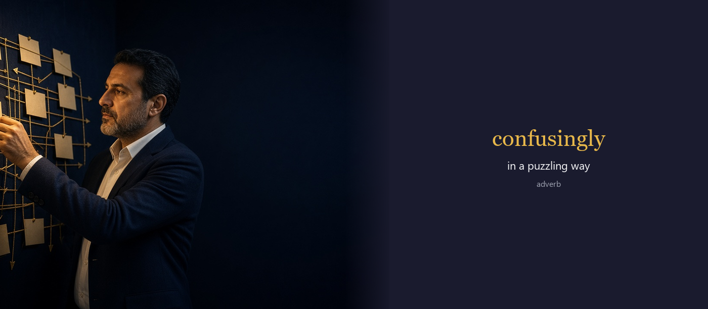 Confusingly (بشكل مُربك) — illustrated meaning of the English word Confusingly on GL Dictionary