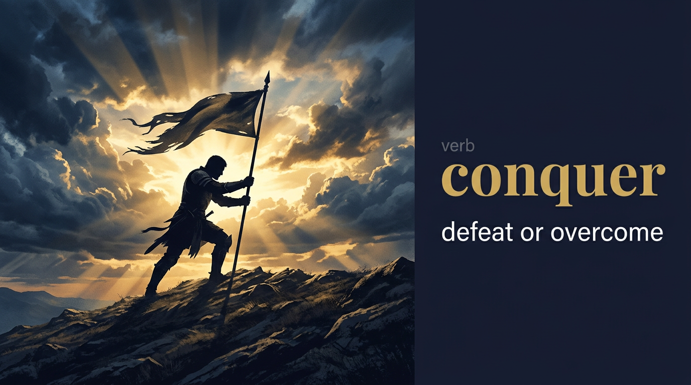 Conquer (يُهيمن أو ينتصر على عدو أو تحدٍ) — illustrated meaning of the English word Conquer on GL Dictionary