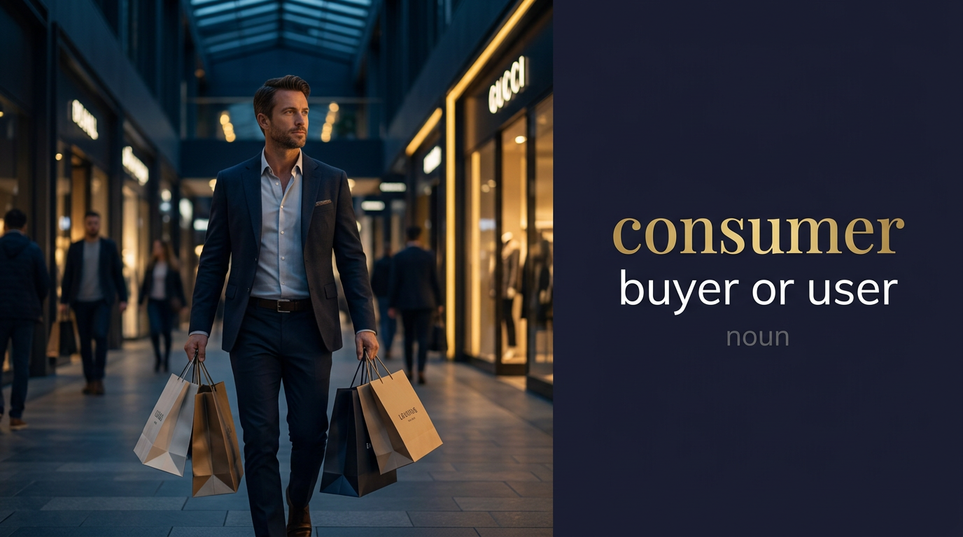 Consumer (شخص يشتري أو يستخدم المنتجات والخدمات) — illustrated meaning of the English word Consumer on GL Dictionary
