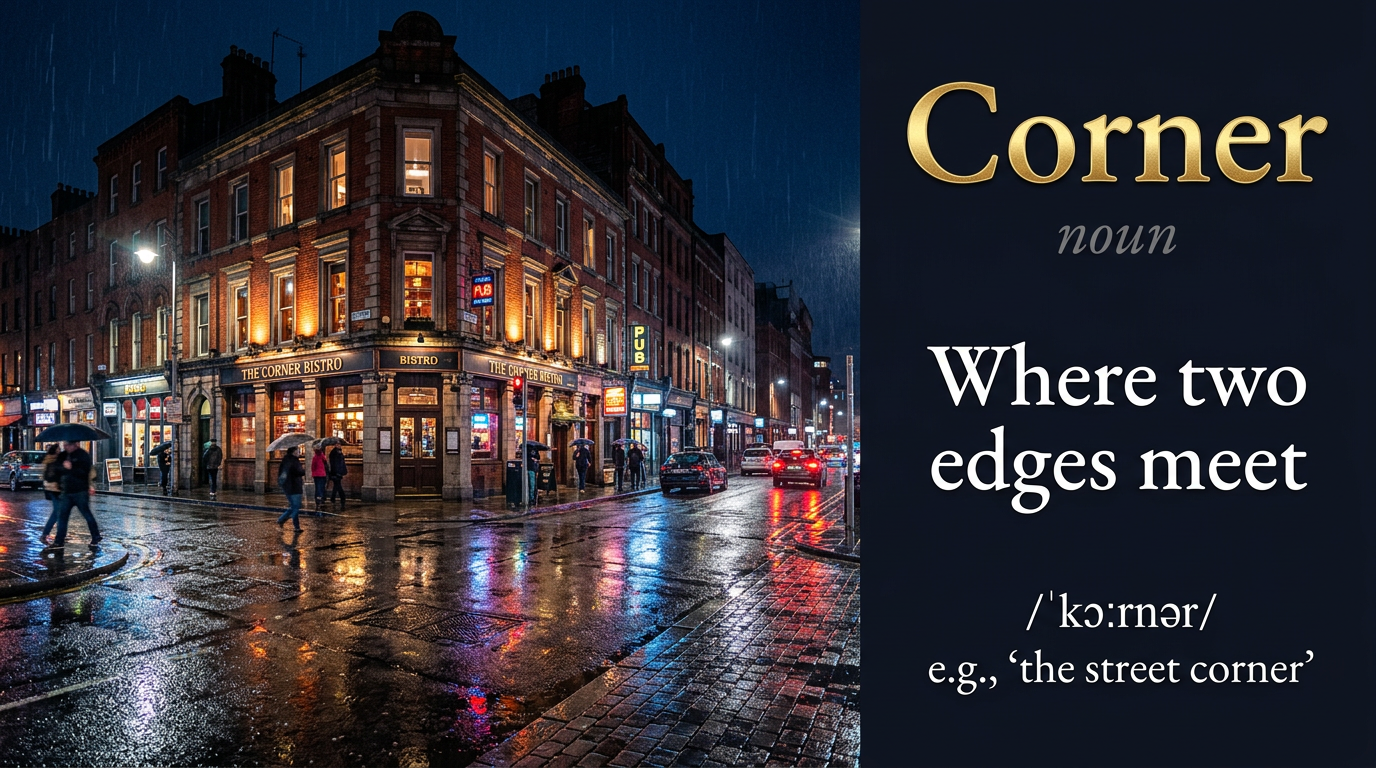 Corner (زاوية أو ركن حيث يلتقي خطان أو سطحان) — illustrated meaning of the English word Corner on GL Dictionary