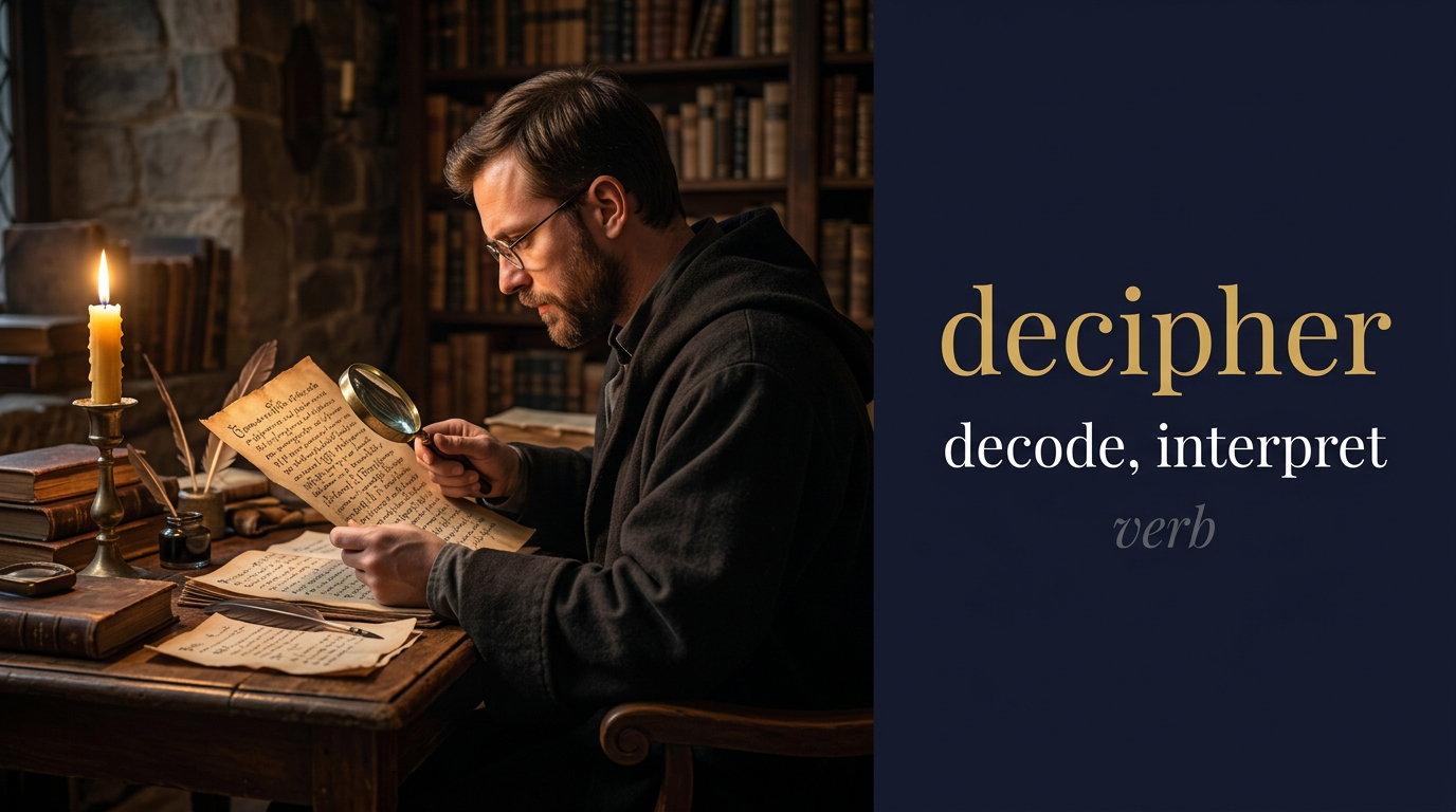 Decipher (يفك الرموز) — illustrated meaning of the English word Decipher on GL Dictionary