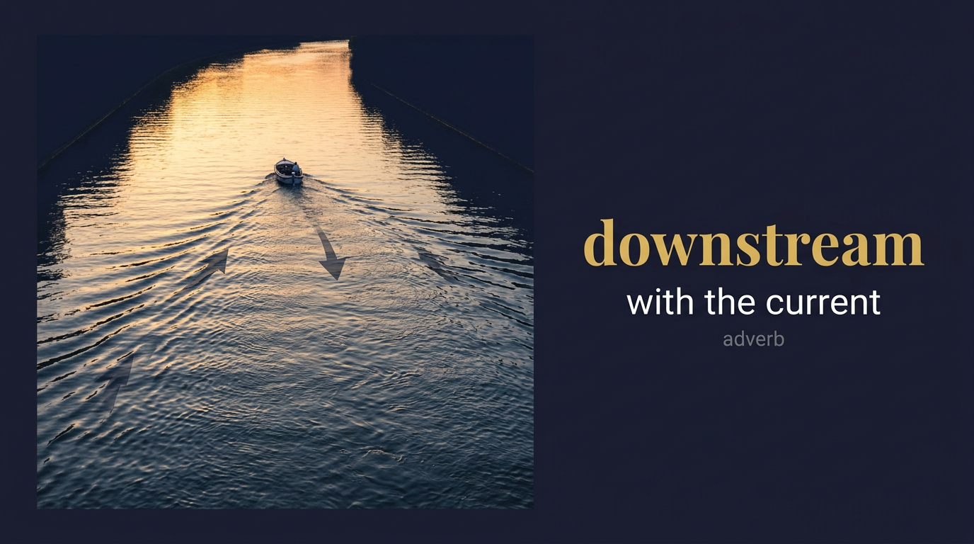 Downstream (مع تيار النهر) — illustrated meaning of the English word Downstream on GL Dictionary