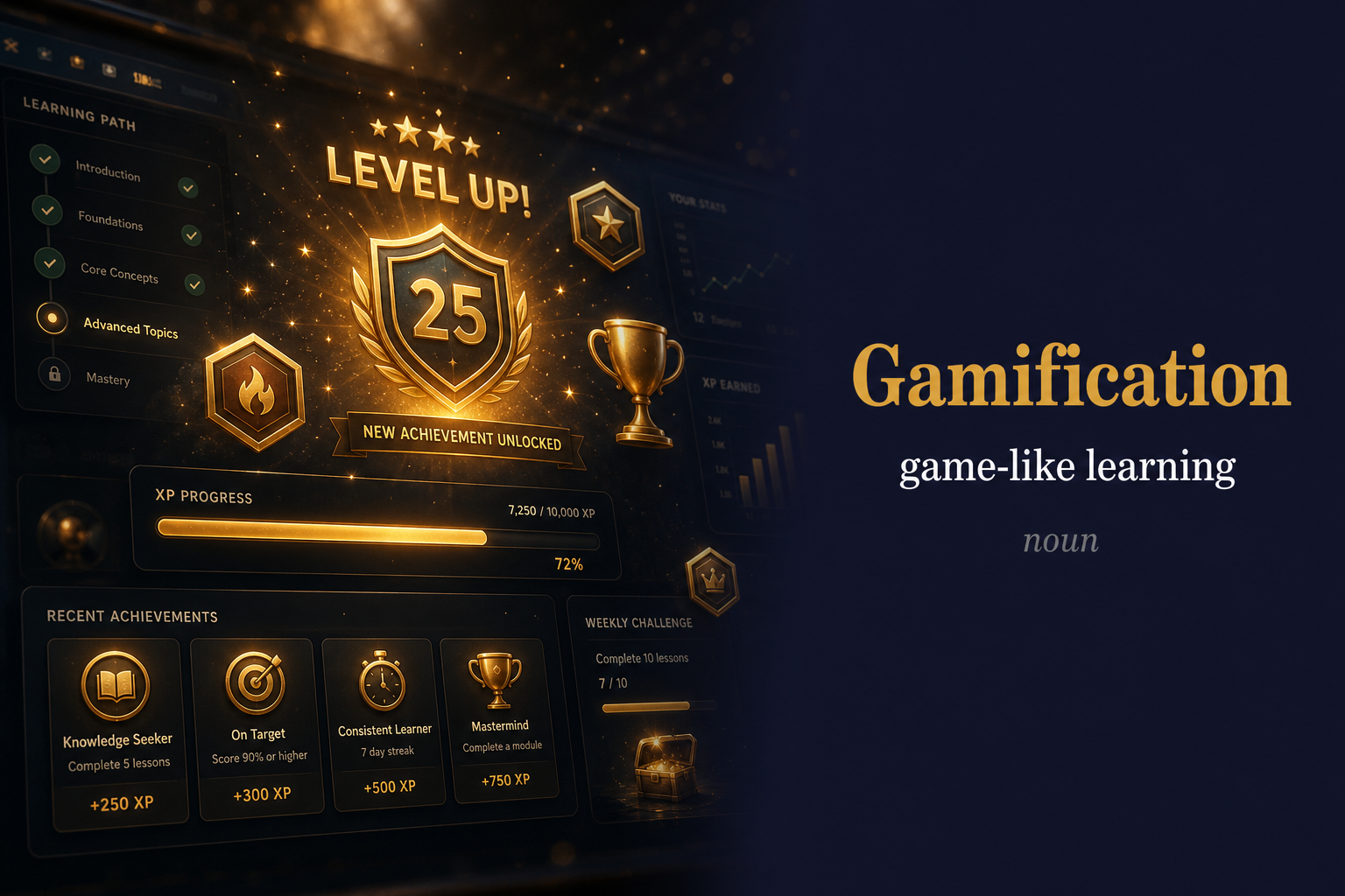 Gamification (طبقة تحفيز لعبية) — illustrated meaning of the English word Gamification on GL Dictionary