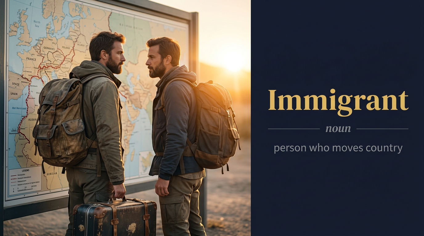 Immigrant (مُهاجر ووافد) — illustrated meaning of the English word Immigrant on GL Dictionary