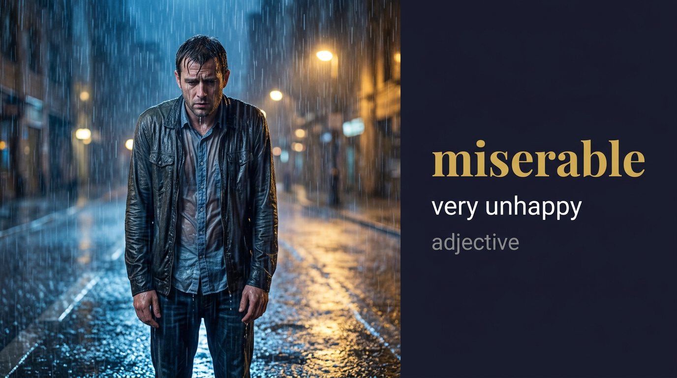 Miserable (بائس) — illustrated meaning of the English word Miserable on GL Dictionary