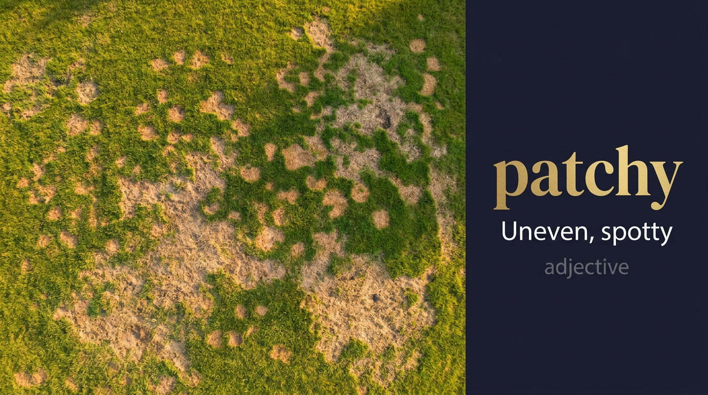 Patchy (غير منتظم أو مُتقطع في التوزيع) — illustrated meaning of the English word Patchy on GL Dictionary