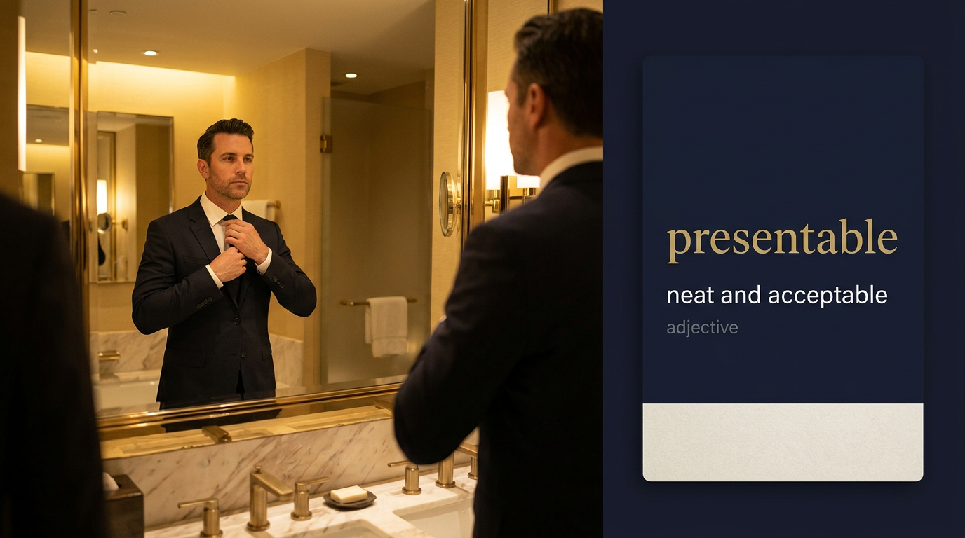 Presentable (مقبول المظهر أو لائق للعرض) — illustrated meaning of the English word Presentable on GL Dictionary