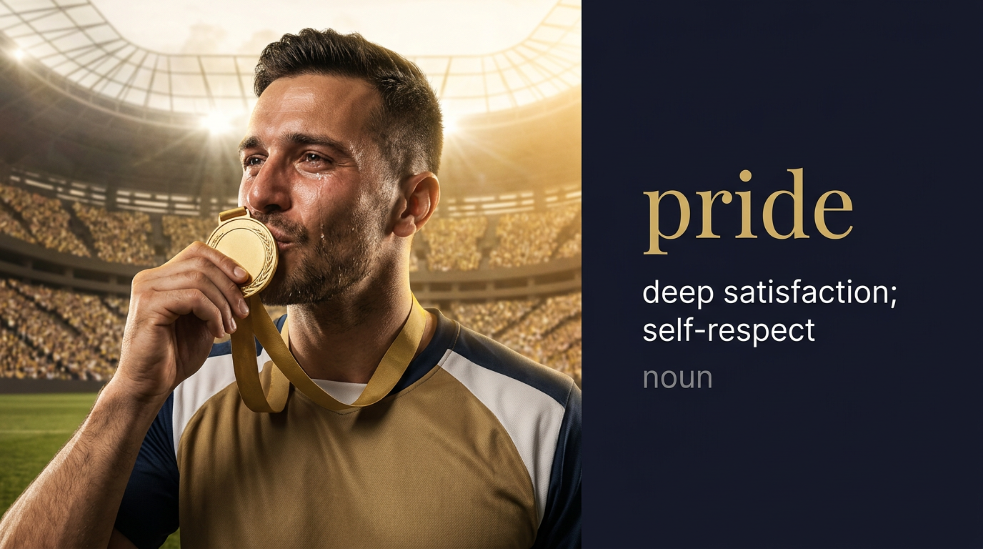 Pride (فخر أو اعتزاز بالنفس) — illustrated meaning of the English word Pride on GL Dictionary