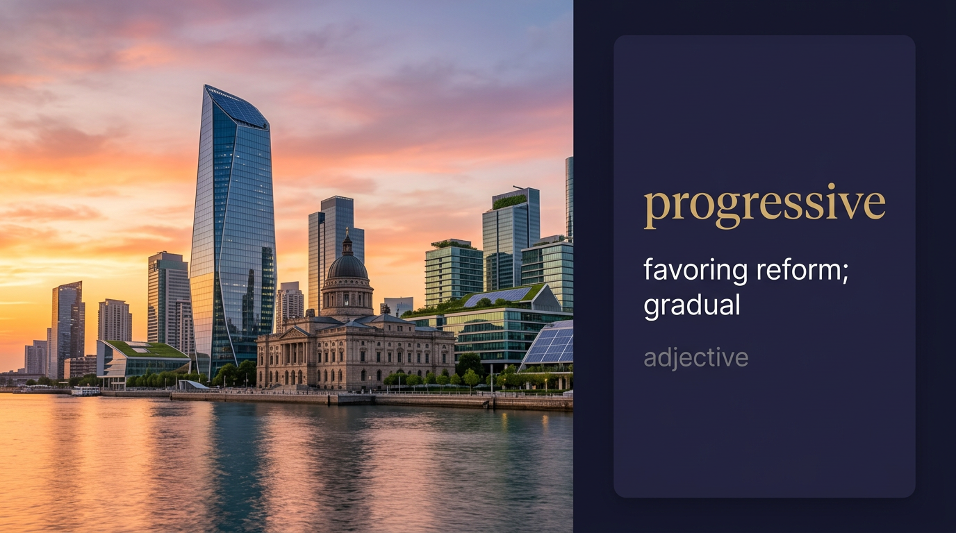 Progressive (تقدمي أو يؤمن بالتطوير المستمر) — illustrated meaning of the English word Progressive on GL Dictionary