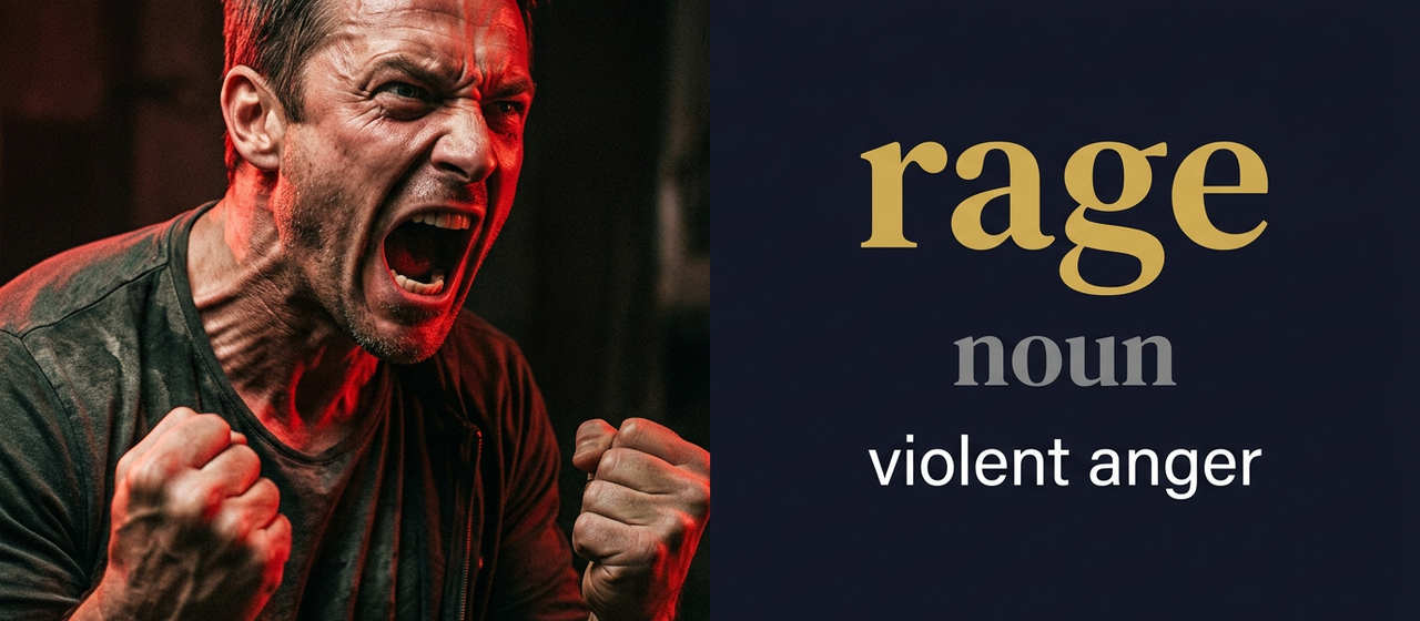 Rage (غضب شديد وعنيف يُصعب السيطرة عليه) — illustrated meaning of the English word Rage on GL Dictionary