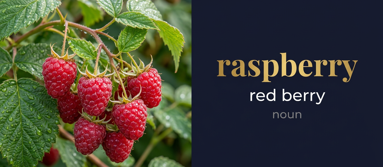 Raspberry (فاكهة حمراء صغيرة حلوة المذاق) — illustrated meaning of the English word Raspberry on GL Dictionary