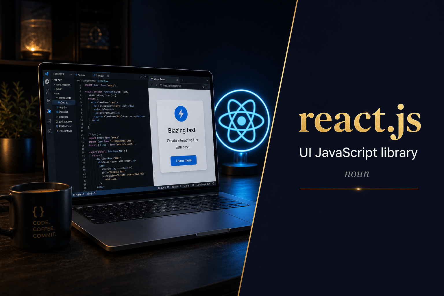 React.js (مكتبة واجهة المستخدم) — illustrated meaning of the English word React.js on GL Dictionary