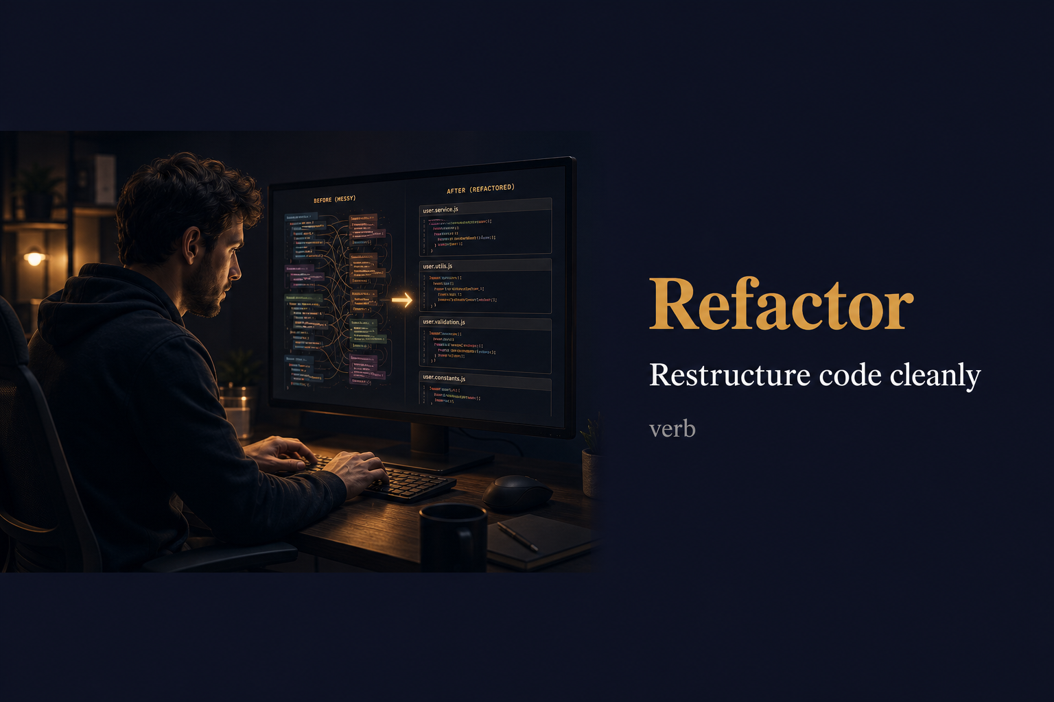 Refactor (إعادة تنظيم الكود) — illustrated meaning of the English word Refactor on GL Dictionary