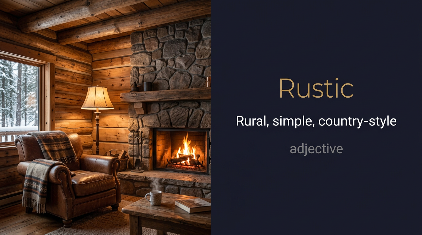 Rustic (ريفي وبدائي وقريب من الطبيعة) — illustrated meaning of the English word Rustic on GL Dictionary