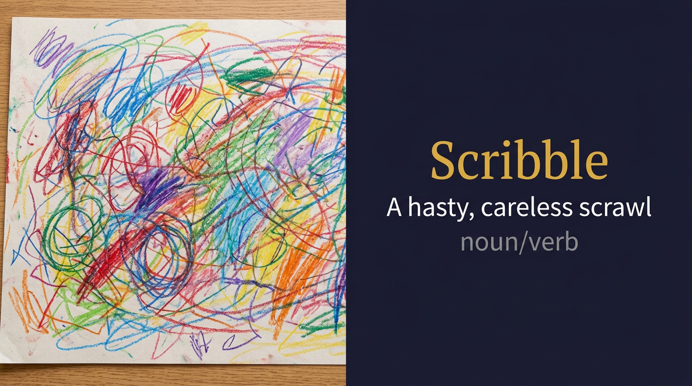Scribble (يكتب أو يرسم بسرعة وبطريقة غير مُتقنة) — illustrated meaning of the English word Scribble on GL Dictionary