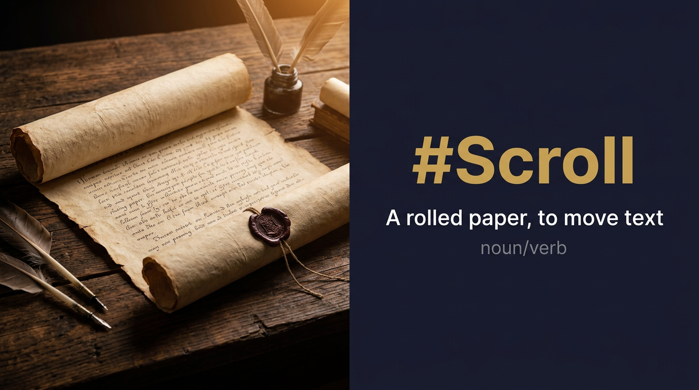 صورة توضيحية لمعنى كلمة Scroll (لفافة قديمة للكتابة أو حركة التنقل في الشاشة)
