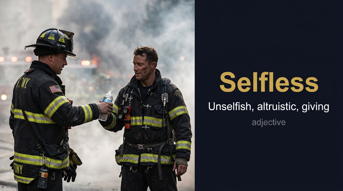 Selfless (مُتفاني أو يُضحي بمصلحته للآخرين أو غير أناني) — illustrated meaning of the English word Selfless on GL Dictionary