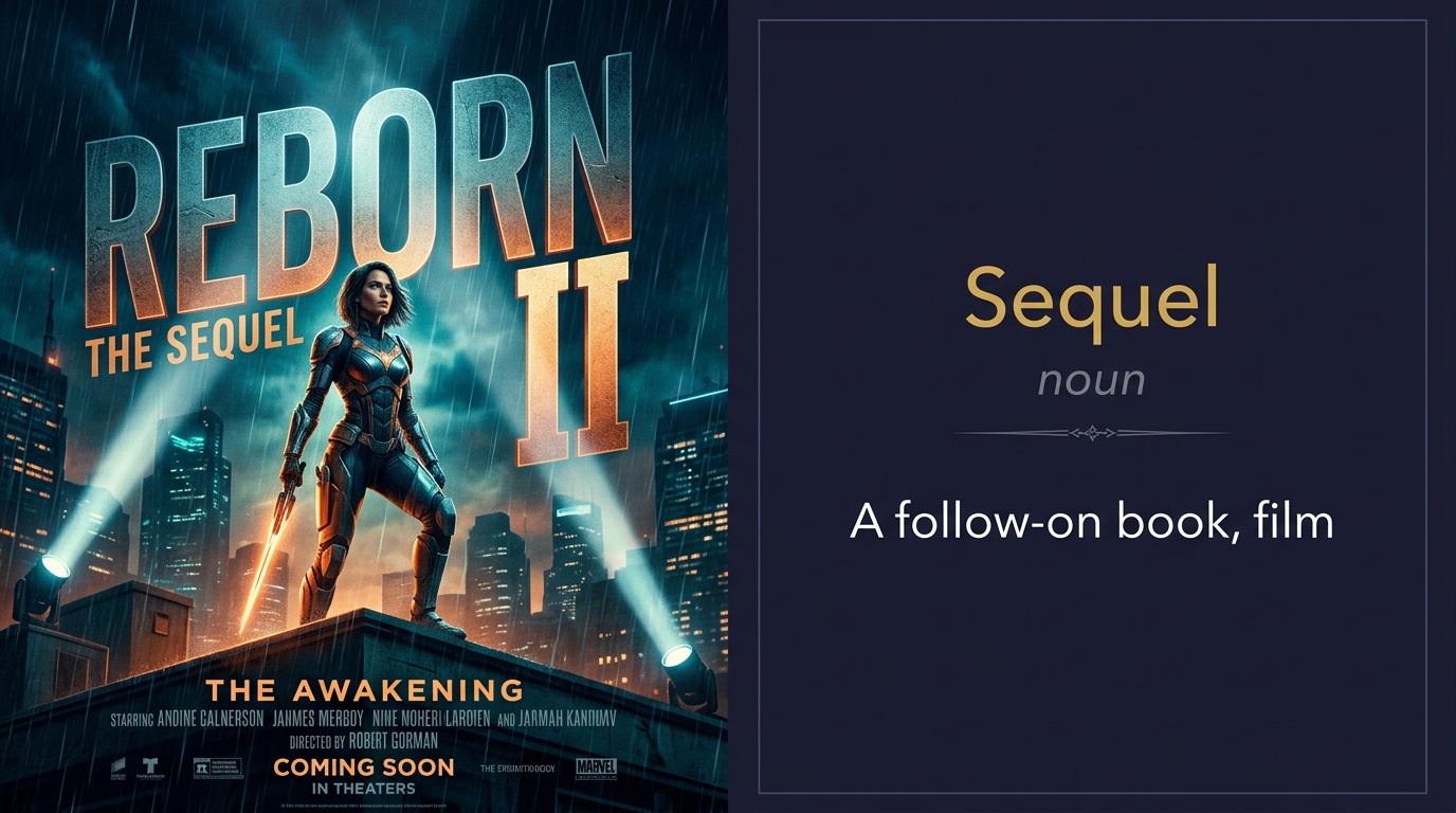 Sequel (تكملة أو جزء تالي من قصة أو عمل فني) — illustrated meaning of the English word Sequel on GL Dictionary