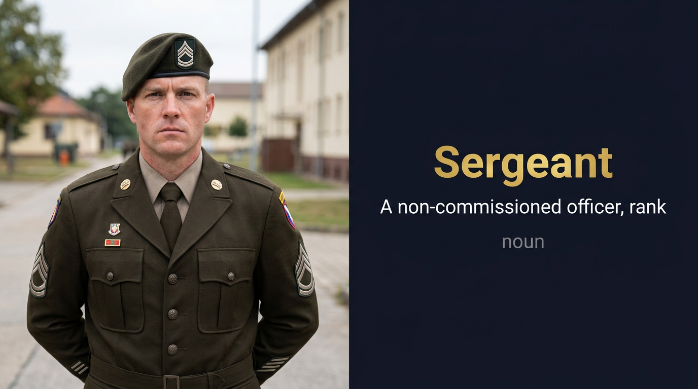 Sergeant (رتبة عسكرية متوسطة أو ضابط صف في الجيش أو الشرطة) — illustrated meaning of the English word Sergeant on GL Dictionary