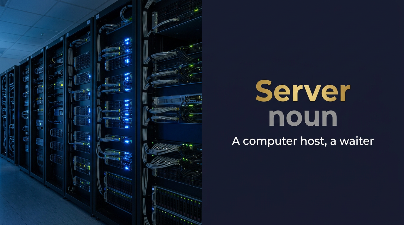 صورة توضيحية لمعنى كلمة Server (خادم أو جهاز كمبيوتر يُقدم الخدمات أو نادل في المطعم)