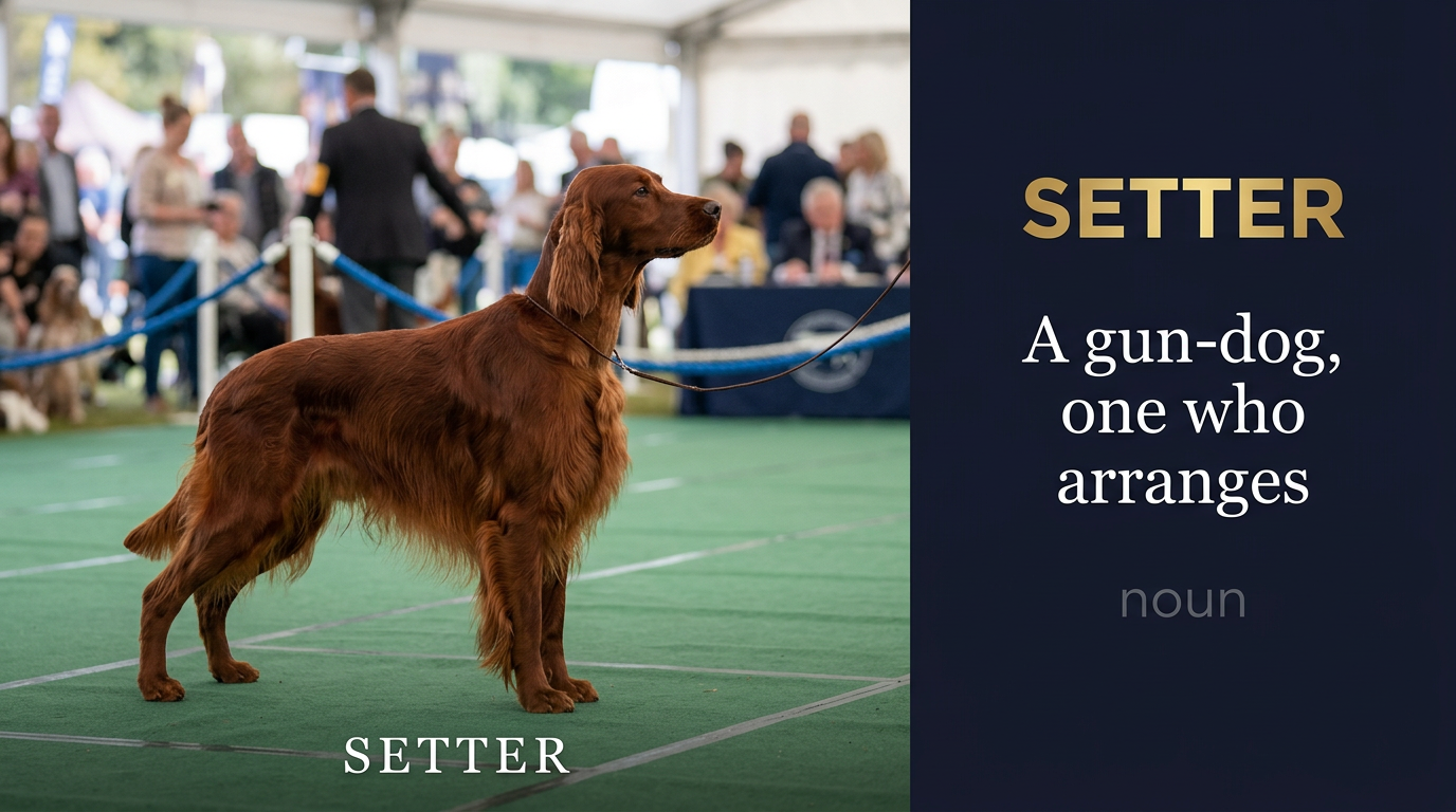 Setter (كلب صيد أو شخص يُحدد أو يضع الأشياء في مكانها) — illustrated meaning of the English word Setter on GL Dictionary